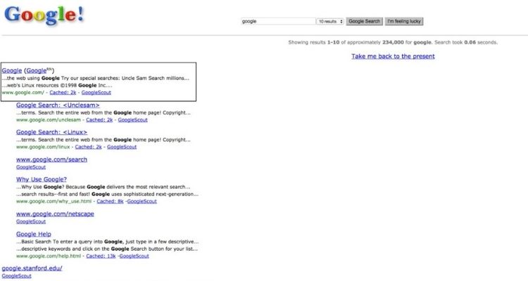 Uma imagem que ilustra os resultados do google em 1998.