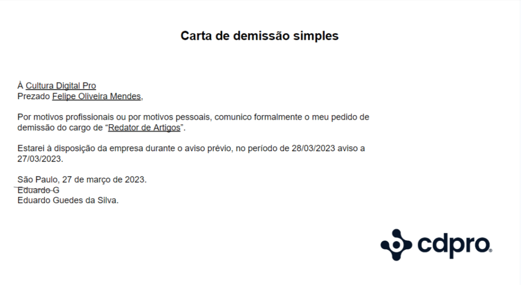 Uma imagem da carta de demissão simples preenchida