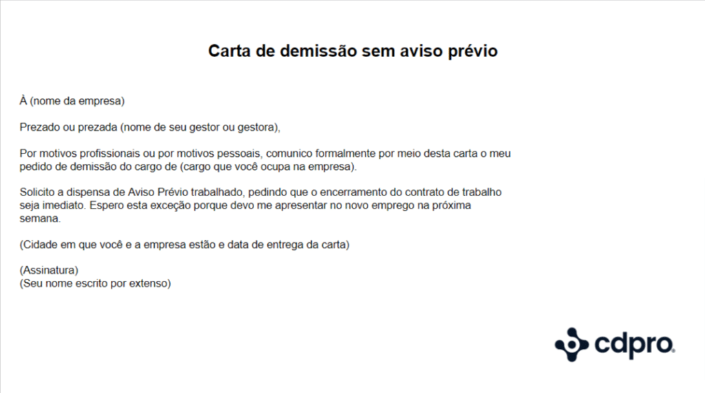 Uma imagem que ilustra uma carta de demissão sem aviso prévio.