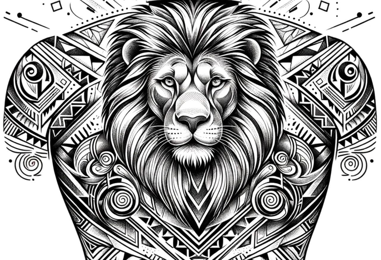 Uma imagem que ilustra uma linda tatuagem de leão.