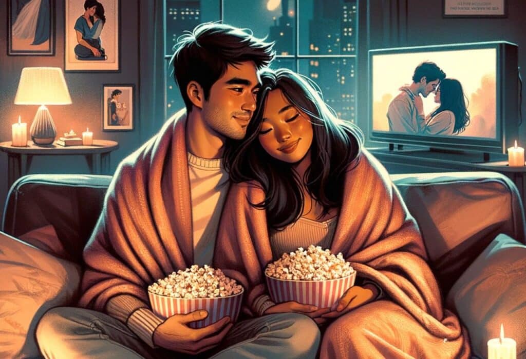 Uma imagem de um casal assistindo filme.