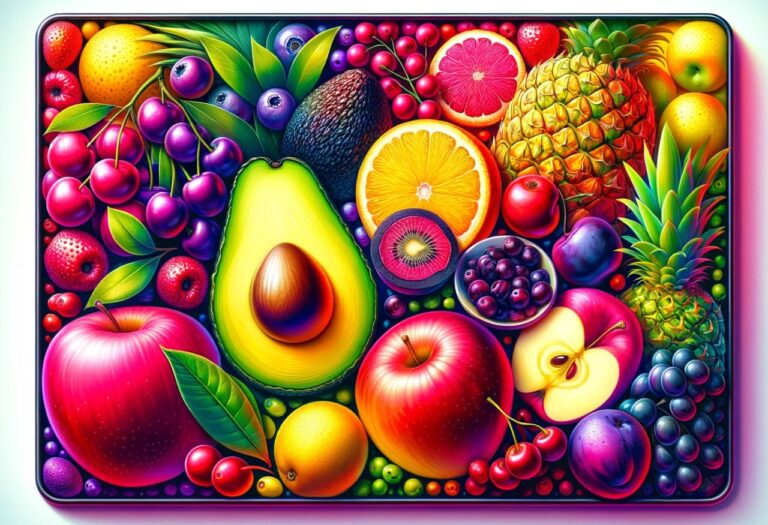 Uma imagem que ilustra diversas frutas com a letra A.