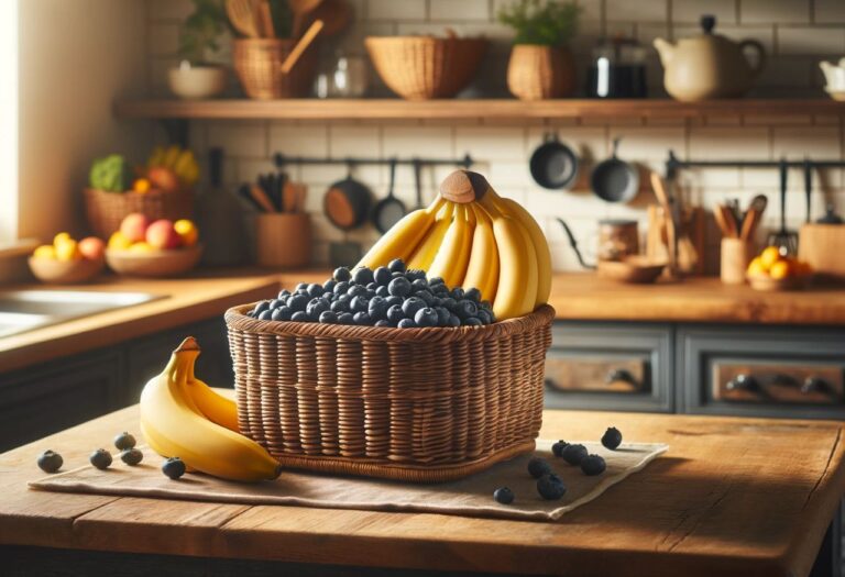 Uma imagem que ilustra uma cesta com frutas com B, por exemplo bananas e blueberry.