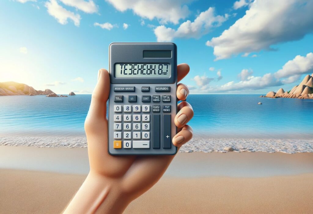 Uma imagem que ilustra uma pessoa usando a calculadora em uma praia para saber quantos sábados e domingos tem em um ano.
