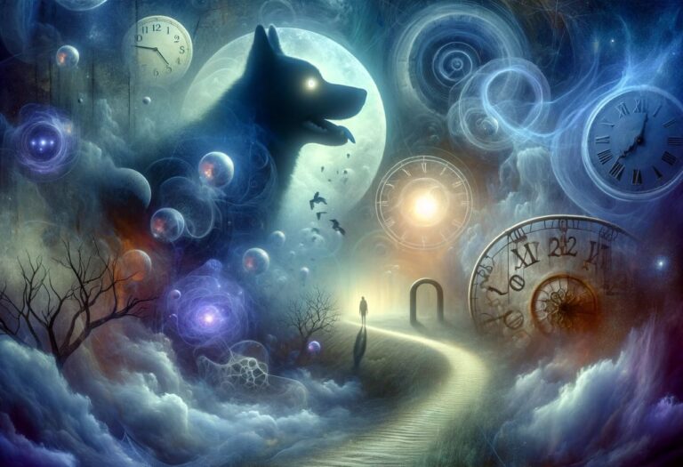 Uma imagem que ilustra um cachorro e uma pessoa andando em um caminho como se tivesse sonhando.