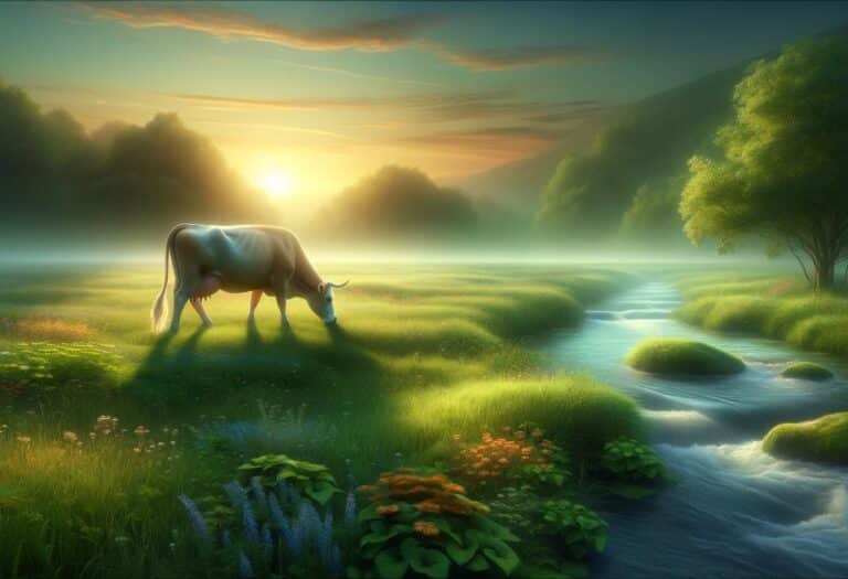 Uma imagem que ilustra uma vaca se alimentando de pasto. A imagem remete a alguém sonhando com vaca.