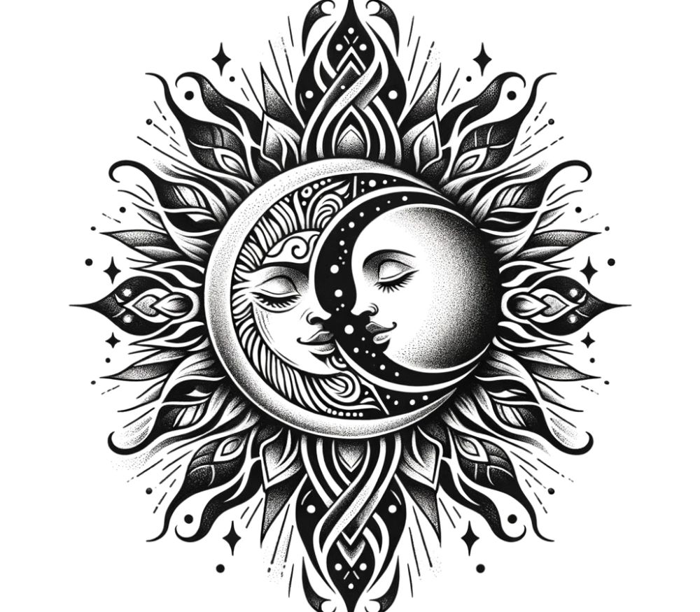 Uma tatuagem de Sol e Lua.