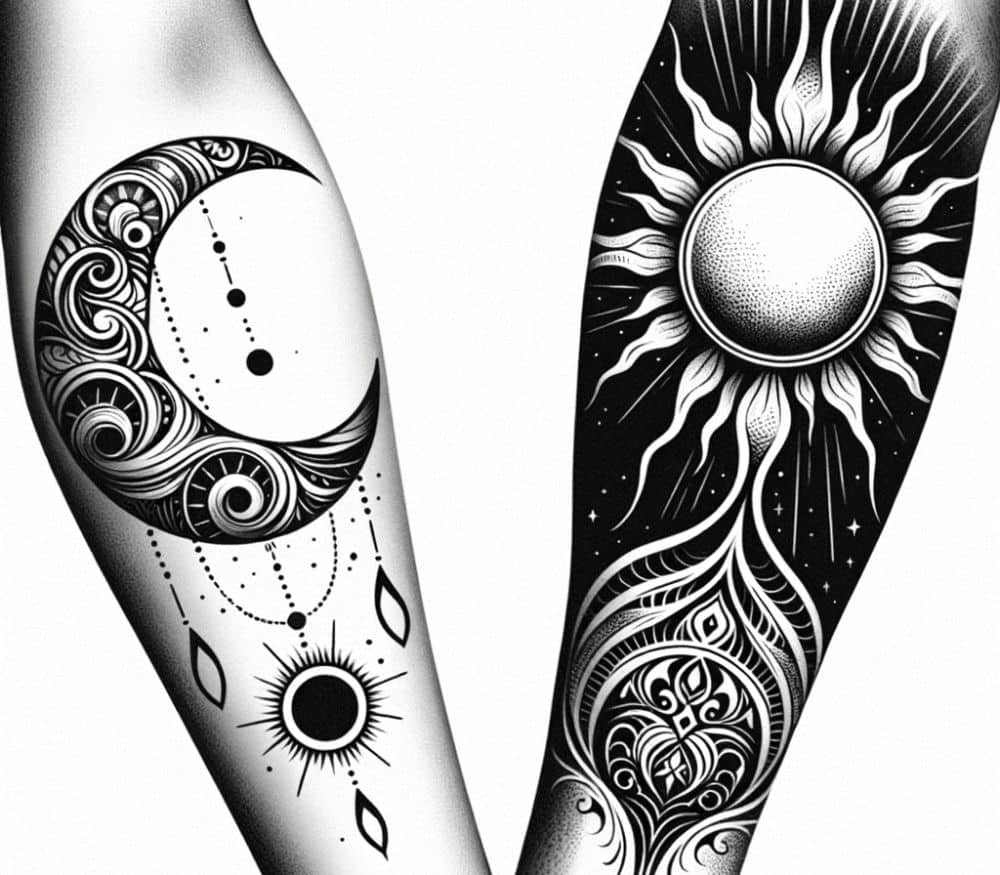 Tatuagem de Sol e Lua nos braços.
