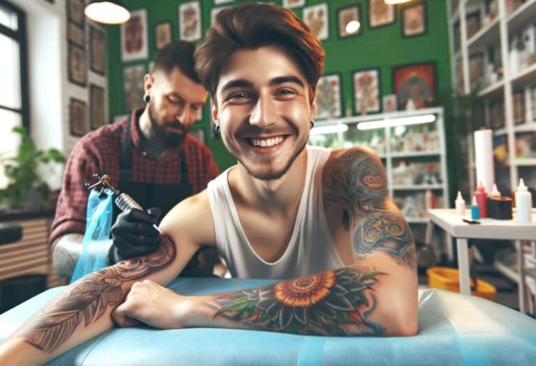 Uma imagem de uma pessoa fazendo tatuagem e sorrindo indicando qual é a melhor pomada para tatuagem.