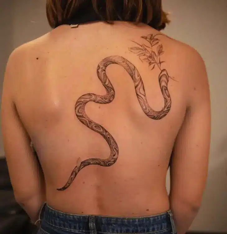 Uma imagem que ilustra uma tatuagem de cobra nas costas.