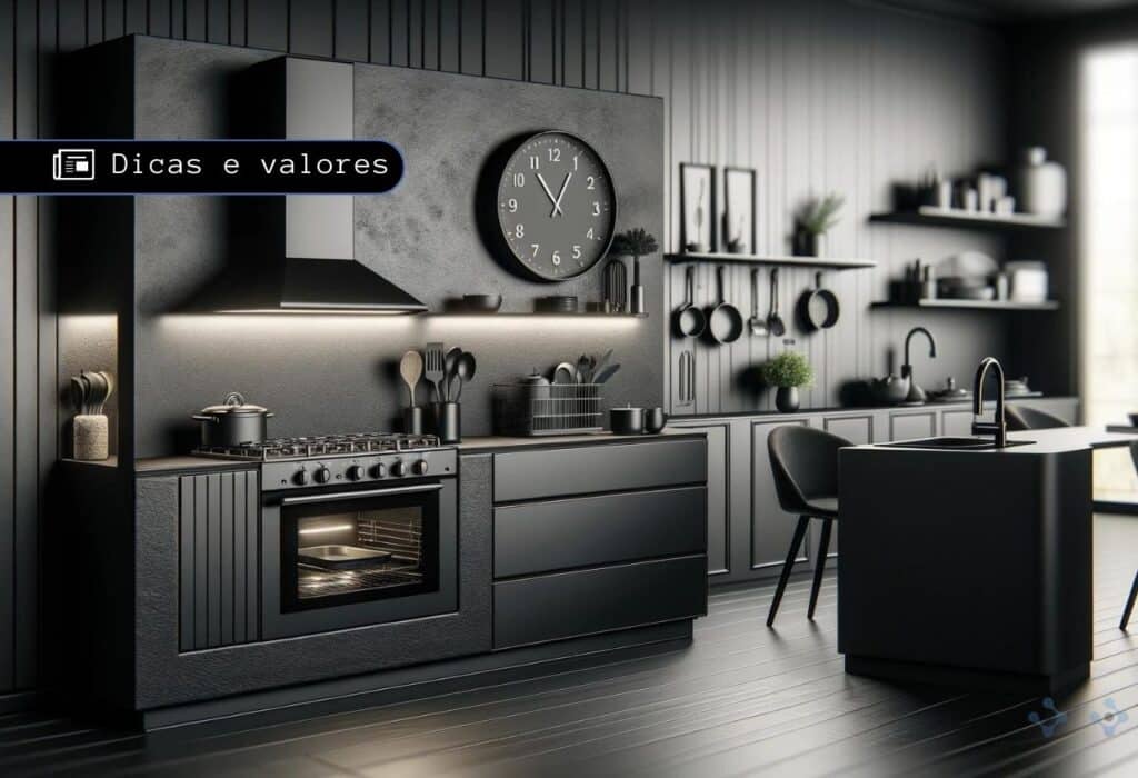 Uma imagem que ilustra uma cozinha preto com um fogão preto.