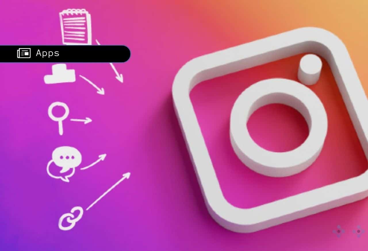 Uma imagem que ilustra um logo do instagram e ícones que representam algumas métricas relacionadas ao aplicativo como mensagens de reels.