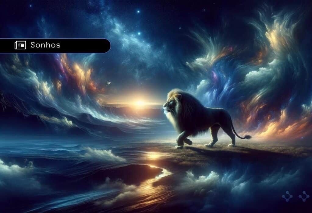 Uma imagem que ilustra um leão em posição de ataque dentro de um sonho.