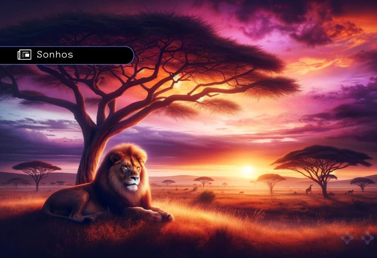 Uma imagem que ilustra um leão em uma floresta.